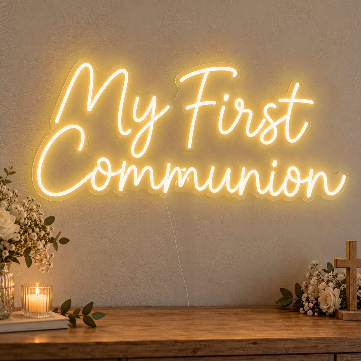 First Communion Neon Sign in gold LED neon on clear acrylic, angled view