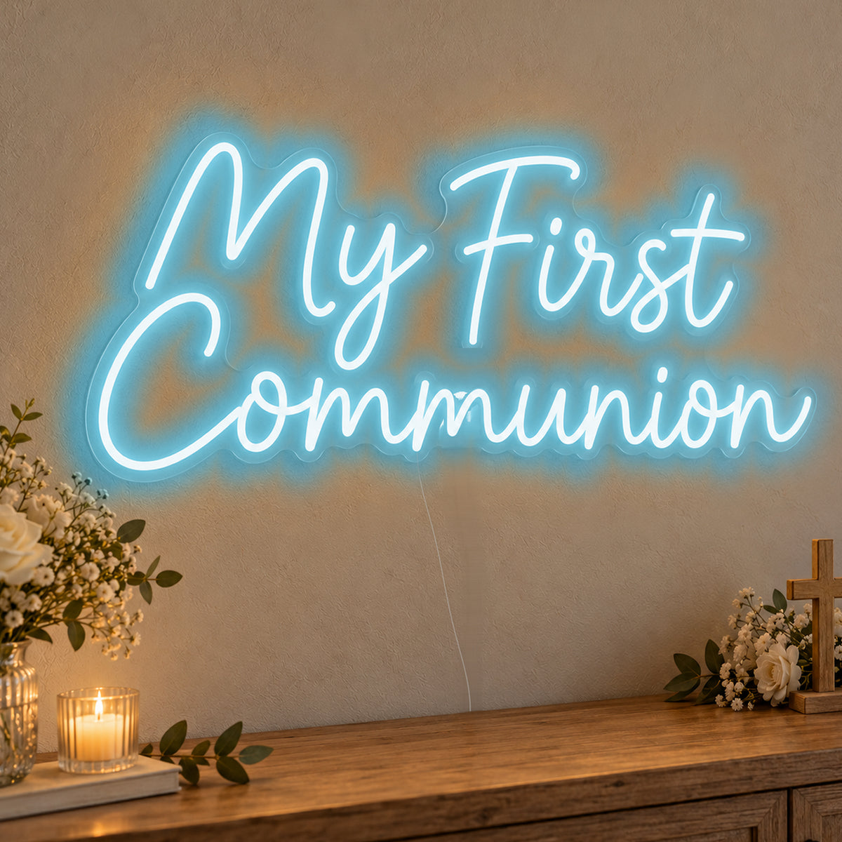 First Communion Neon Sign in ice blue LED neon on clear acrylic, angled view