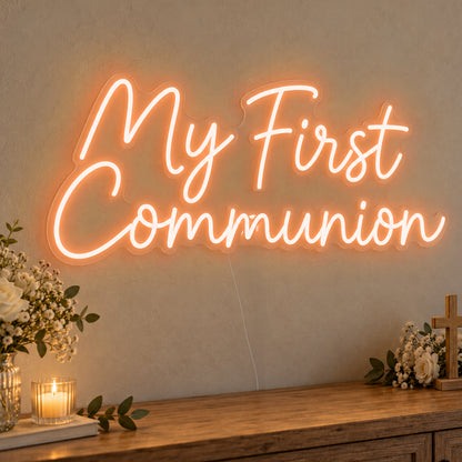 First Communion Neon Sign in orange LED neon on clear acrylic, angled view