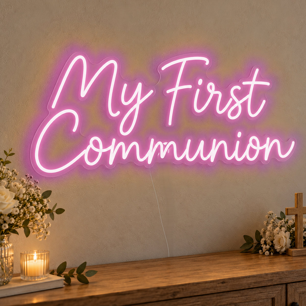 First Communion Neon Sign in pink LED neon on clear acrylic, angled view