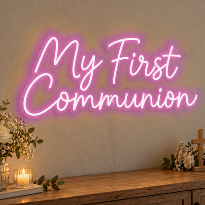 First Communion Neon Sign in pink LED neon on clear acrylic, angled view