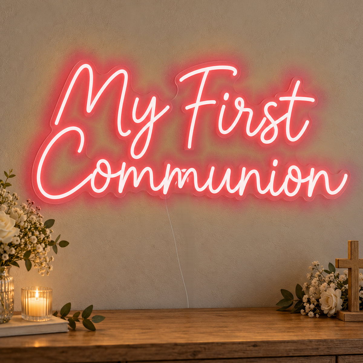 First Communion Neon Sign in red LED neon on clear acrylic, angled view