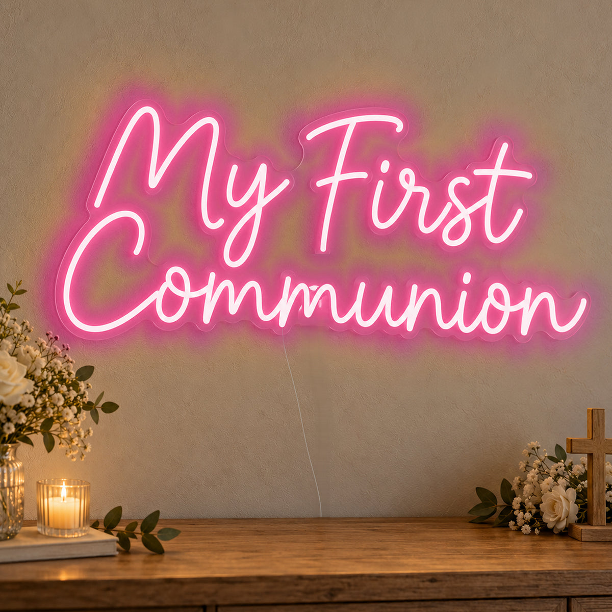 First Communion Neon Sign in rose red LED neon on clear acrylic, angled view
