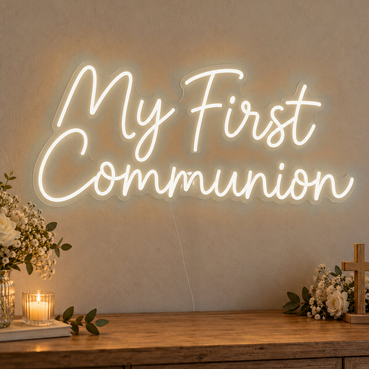 First Communion Neon Sign in warm white LED neon on clear acrylic, angled view
