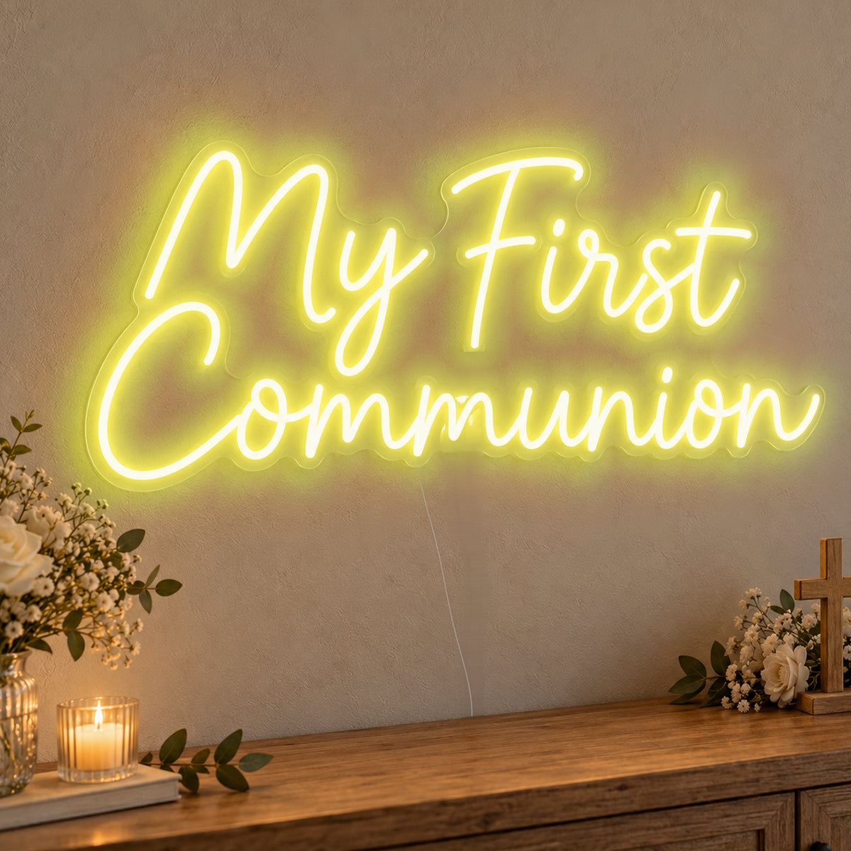 First Communion Neon Sign in yellow LED neon on clear acrylic, angled view