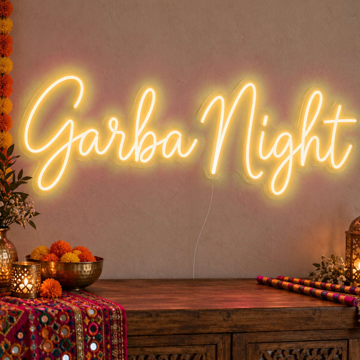 Garba Night Neon Sign in gold LED neon on clear acrylic, angled view