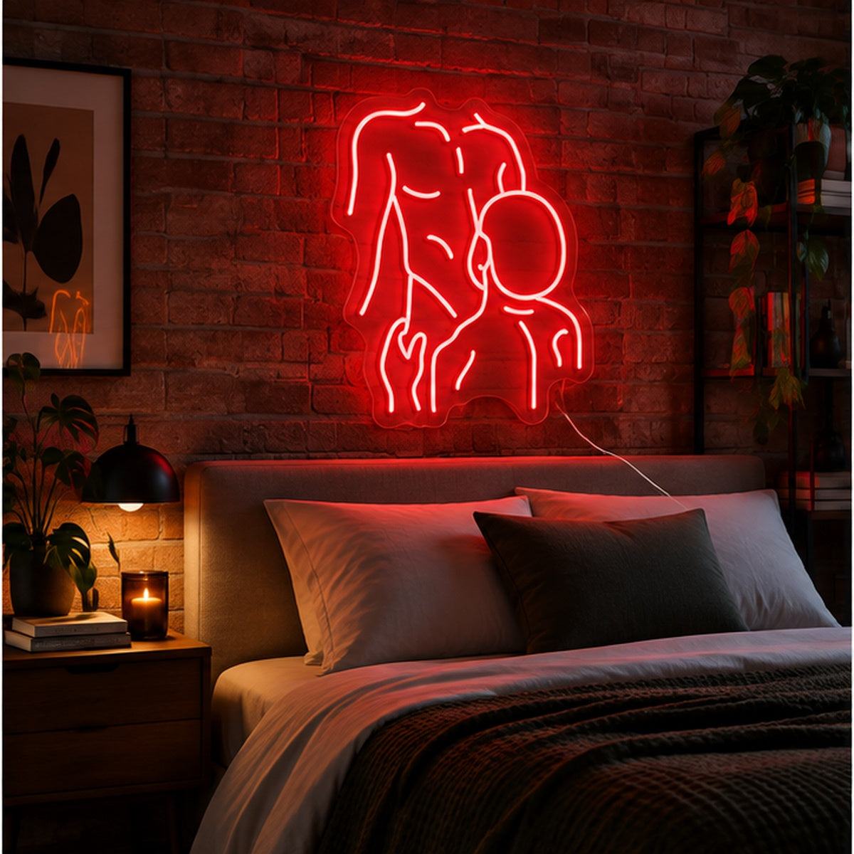 Gay Pride Two Men Neon Sign in red, featuring an outline of two men kissing on a brick bedroom wall above a bed.