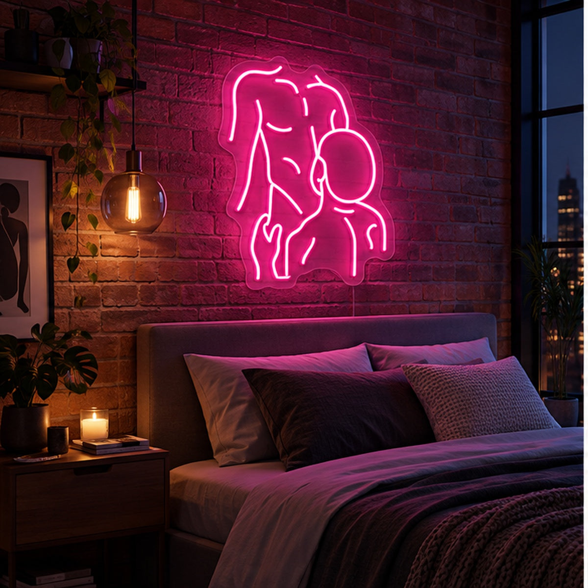 Gay Pride Two Men Neon Sign in pink, featuring an outline of two men kissing on a brick bedroom wall above a bed.