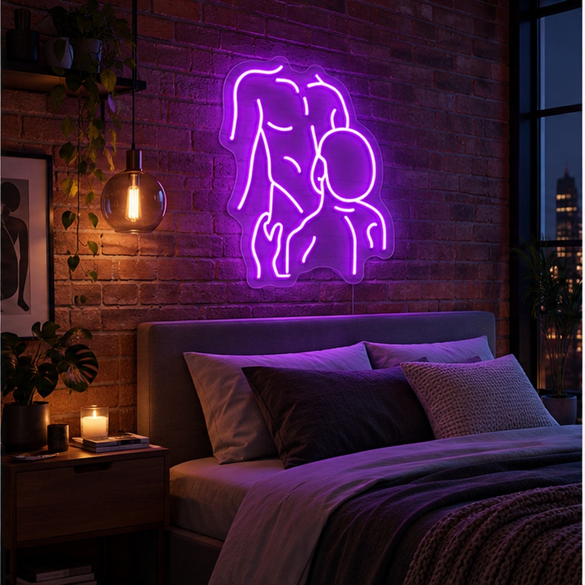 Gay Pride Two Men Neon Sign in purple, featuring an outline of two men kissing on a brick bedroom wall above a bed.