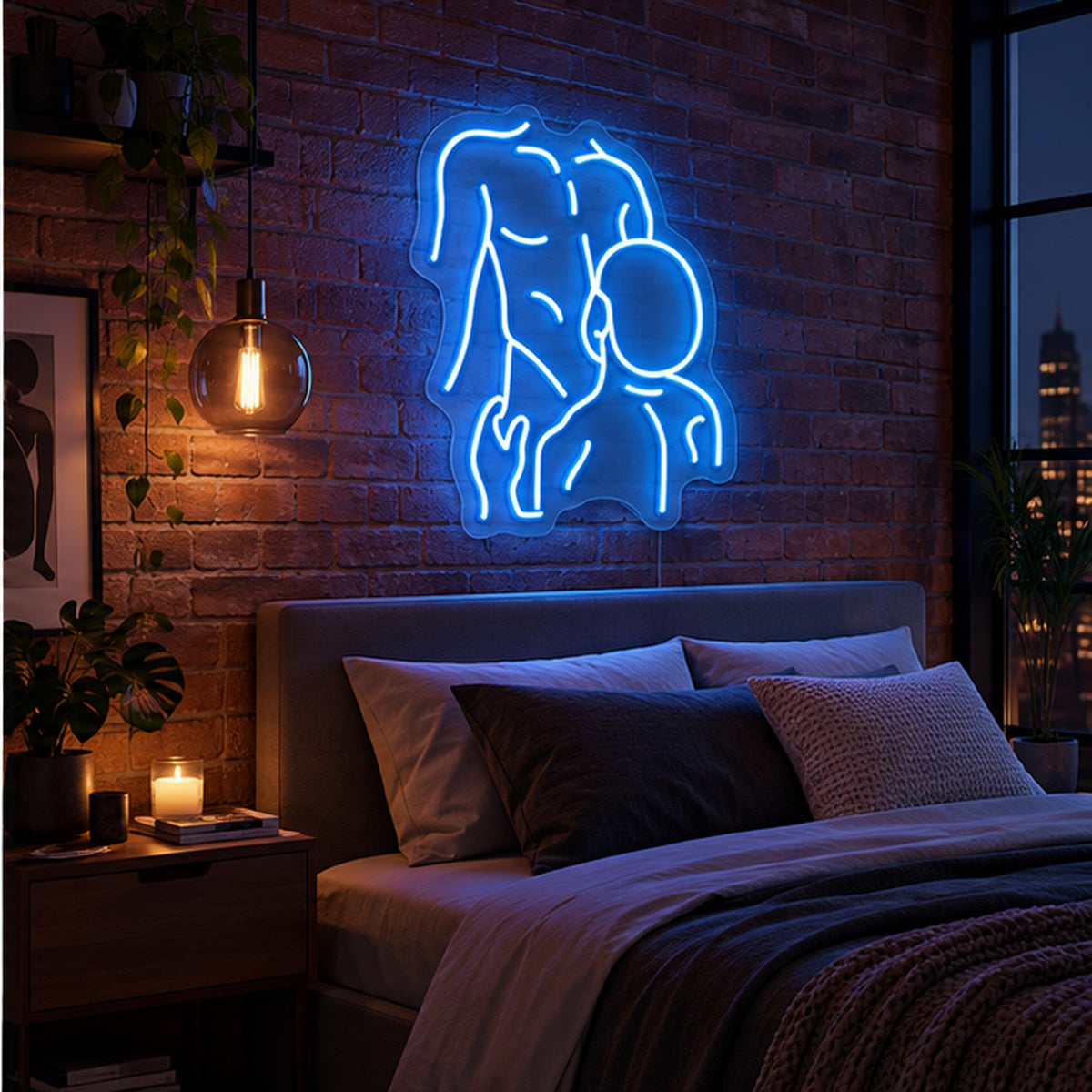 Gay Pride Two Men Neon Sign in blue, featuring an outline of two men kissing on a brick bedroom wall above a bed.