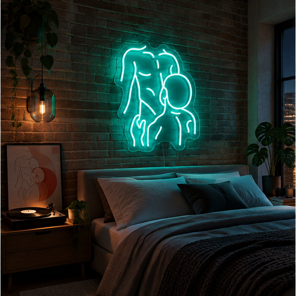 Gay Pride Two Men Neon Sign in turquoise, featuring an outline of two men kissing on a brick bedroom wall above a bed.