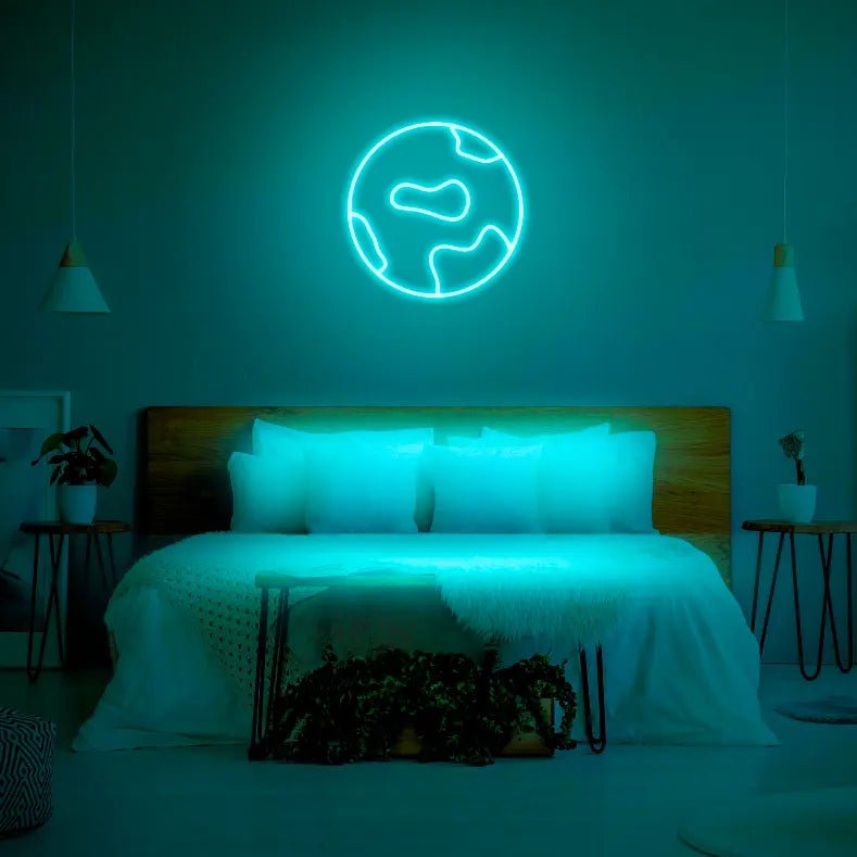 Globe LED Neon Light Sign in turquoise, featuring globe outline illuminated above a bed.