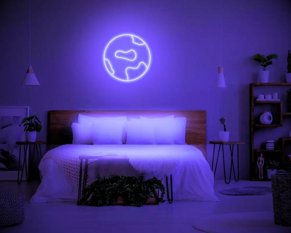 Globe LED Neon Light Sign in purple, featuring globe outline illuminated above a bed.