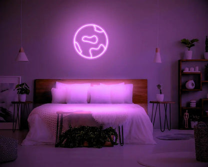 Globe LED Neon Light Sign in pink, featuring globe outline illuminated above a bed.