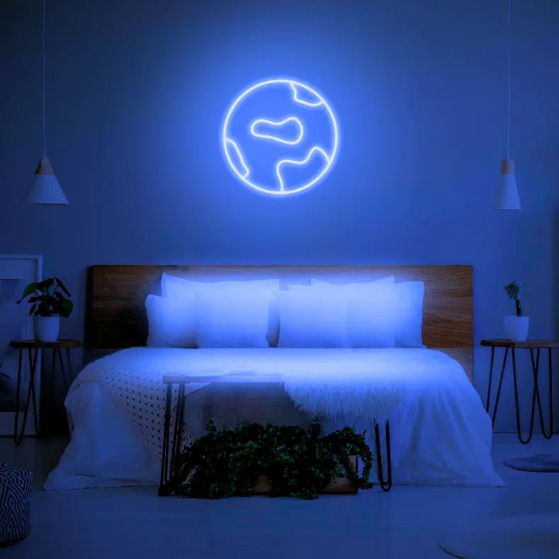 Globe LED Neon Light Sign in blue, featuring globe outline illuminated above a bed.