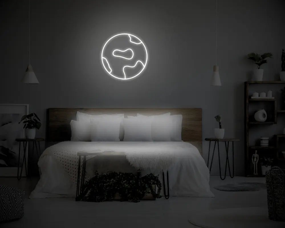 Globe LED Neon Light Sign in white, featuring globe outline illuminated above a bed.