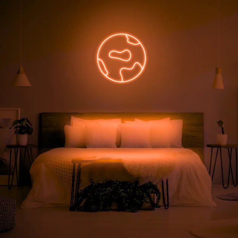 Globe LED Neon Light Sign in orange, featuring globe outline illuminated above a bed.