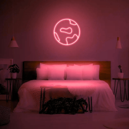 Globe LED Neon Light Sign in red, featuring globe outline illuminated above a bed.