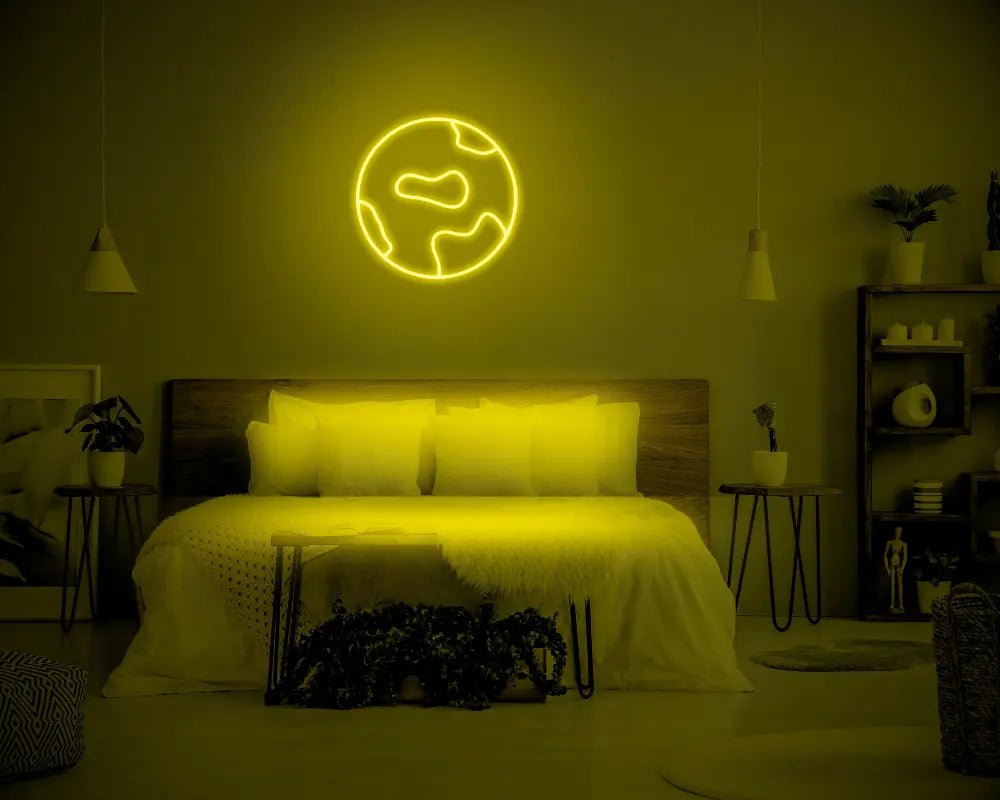 Globe LED Neon Light Sign in yellow, featuring globe outline illuminated above a bed.