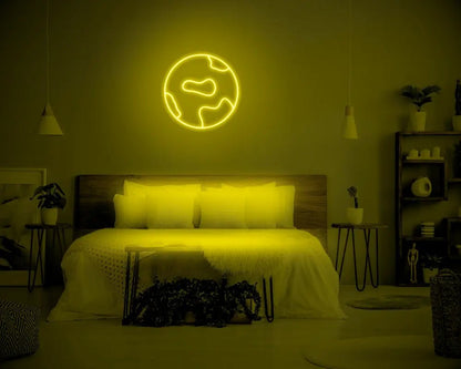 Globe LED Neon Light Sign in yellow, featuring globe outline illuminated above a bed.