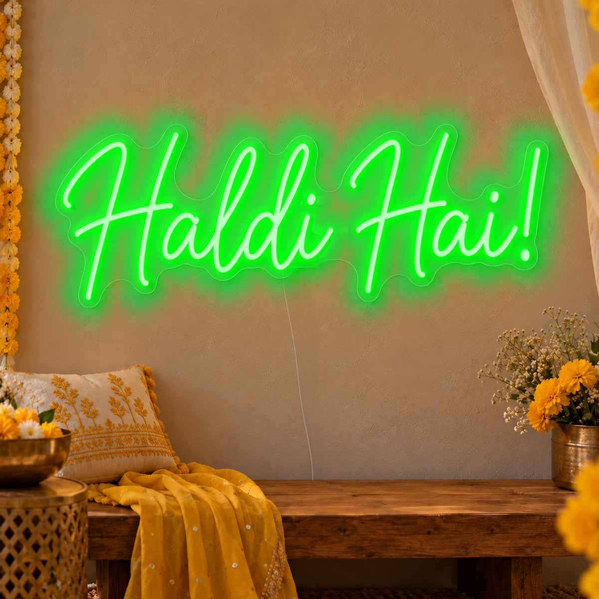 Haldi Hai Neon Sign in green LED neon on clear acrylic, angled view