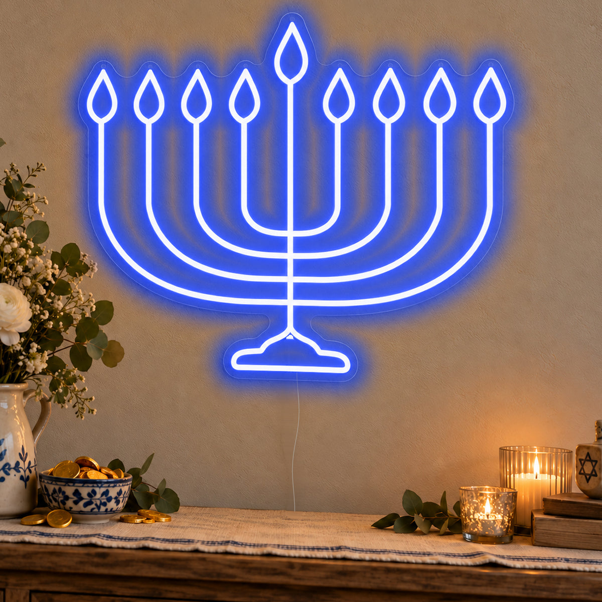 Hanukkiah Neon Sign in blue LED neon on clear acrylic, angled view