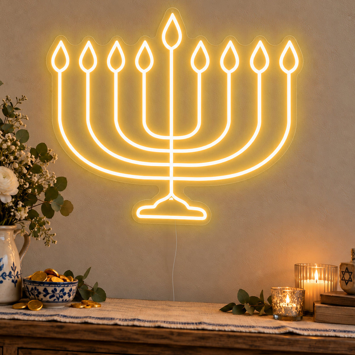 Hanukkiah Neon Sign in gold LED neon on clear acrylic, angled view