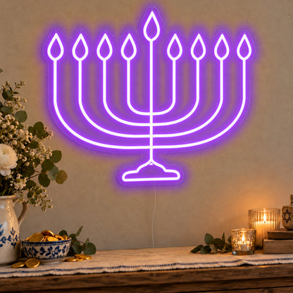 Hanukkiah Neon Sign in purple LED neon on clear acrylic, angled view