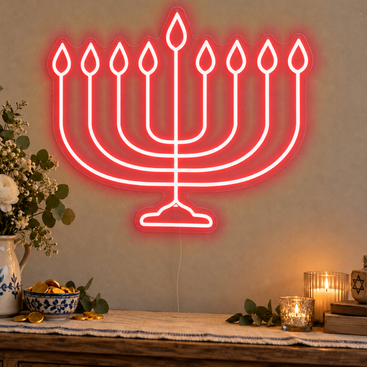 Hanukkiah Neon Sign in red LED neon on clear acrylic, angled view