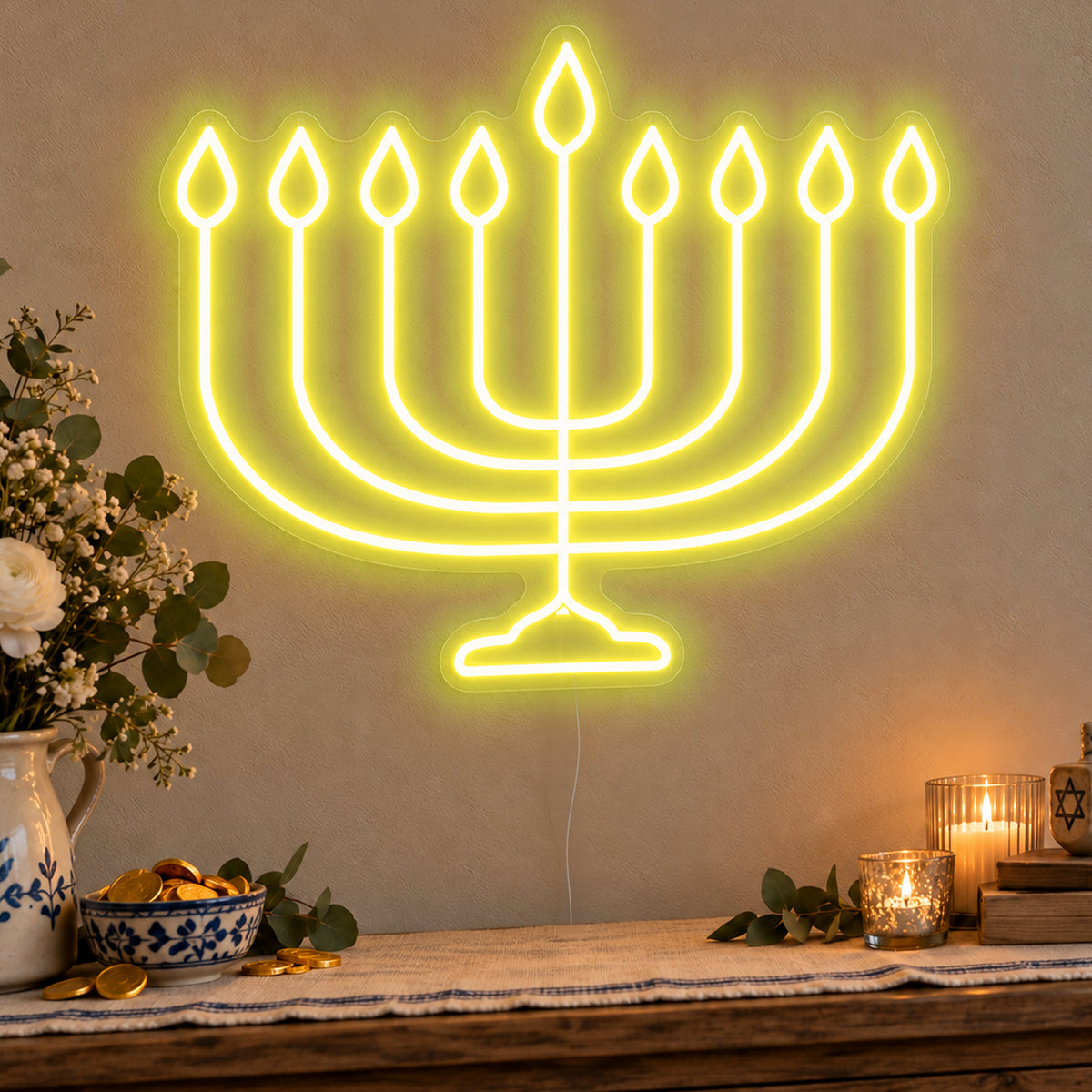 Hanukkiah Neon Sign in yellow LED neon on clear acrylic, angled view