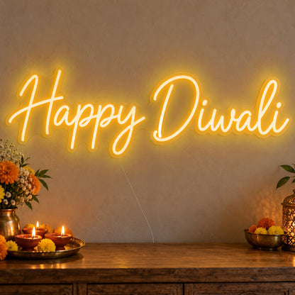 Happy Diwali Neon Sign in gold LED neon on clear acrylic, angled view
