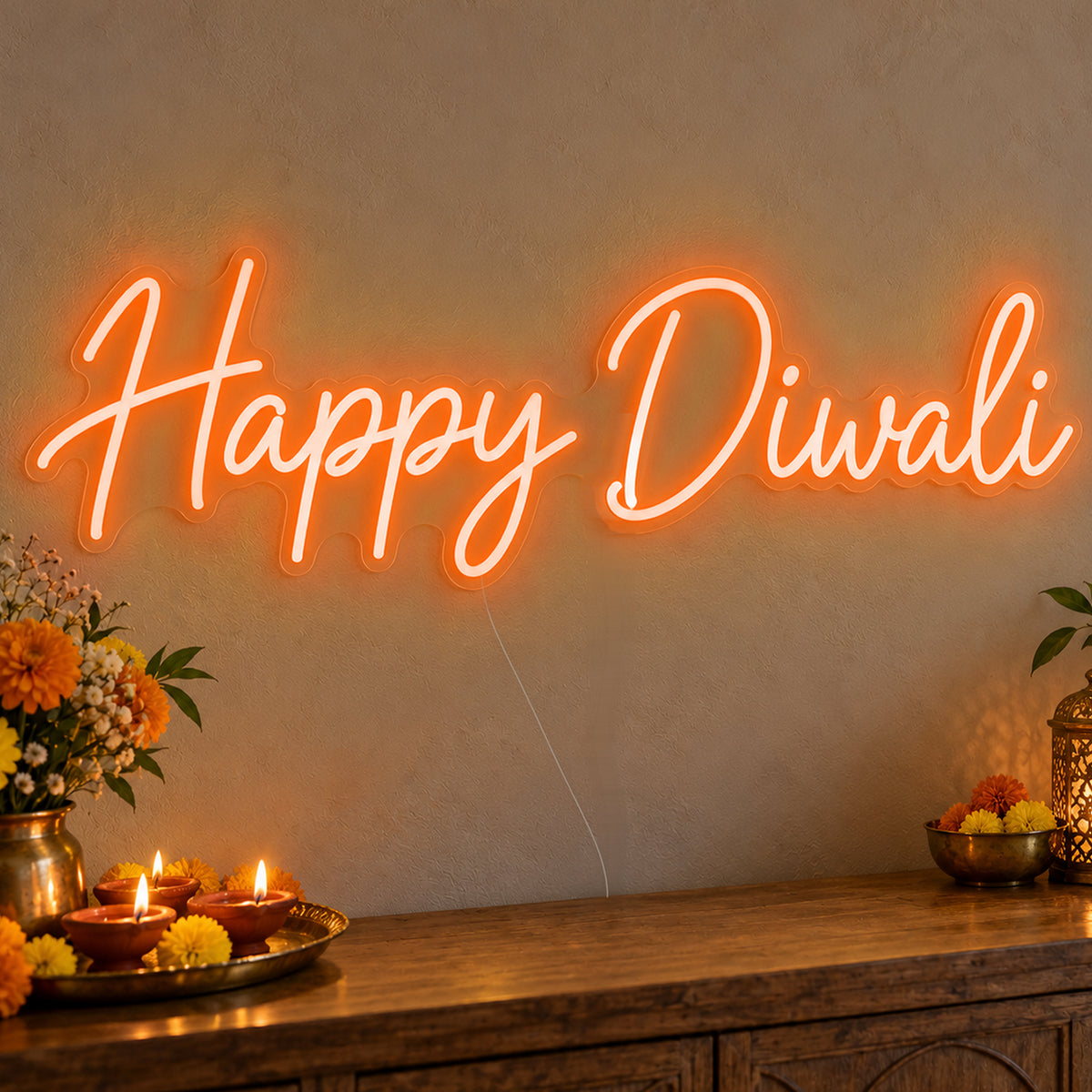 Happy Diwali Neon Sign in orange LED neon on clear acrylic, angled view