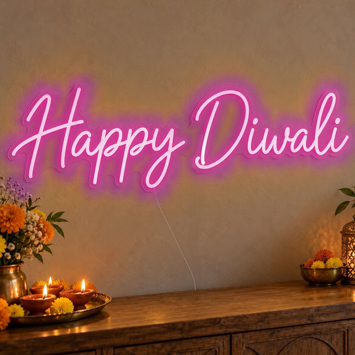 Happy Diwali Neon Sign in pink LED neon on clear acrylic, angled view