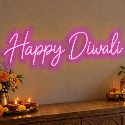 Happy Diwali Neon Sign in pink LED neon on clear acrylic, angled view