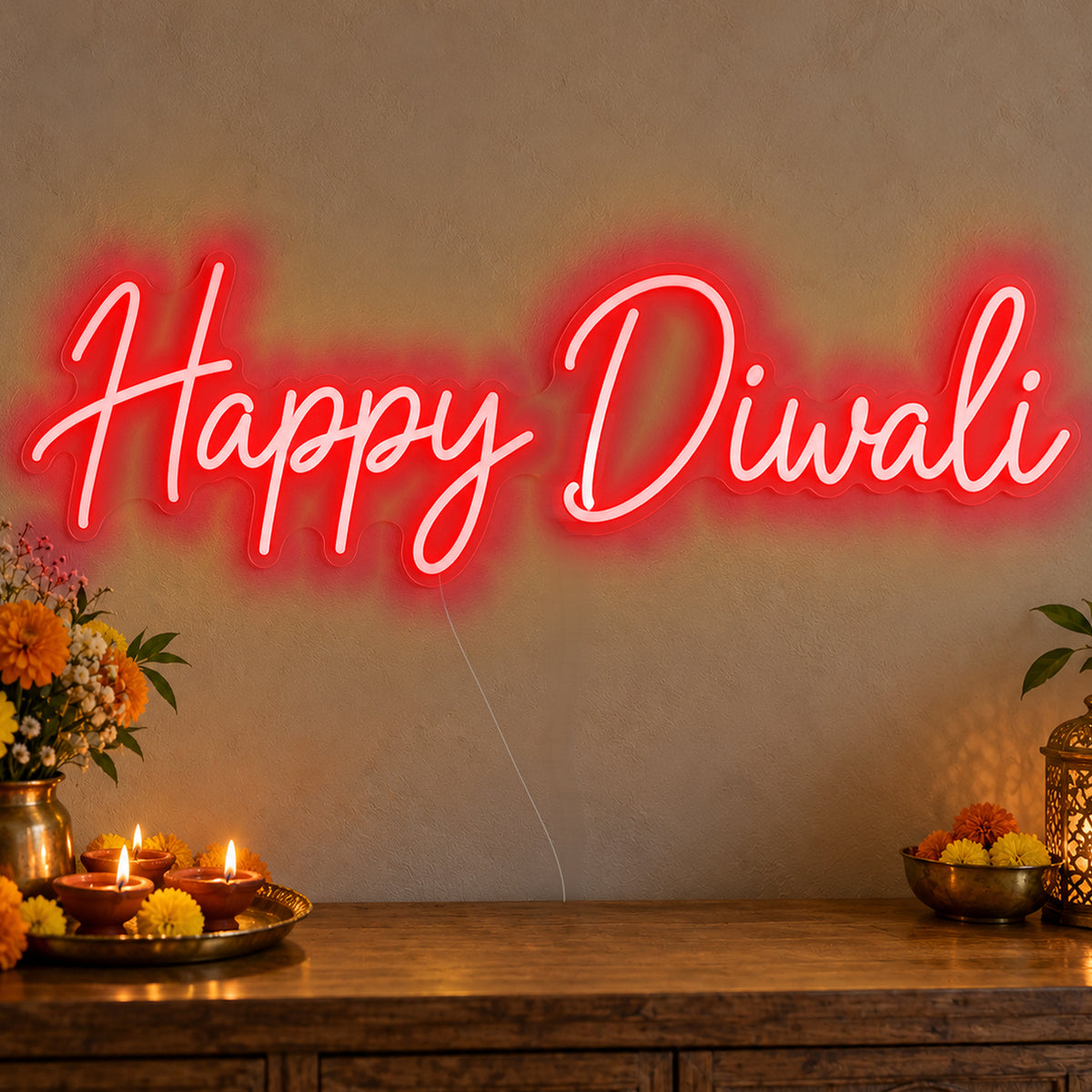 Happy Diwali Neon Sign in red LED neon on clear acrylic, angled view