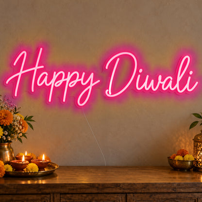 Happy Diwali Neon Sign in rose red LED neon on clear acrylic, angled view