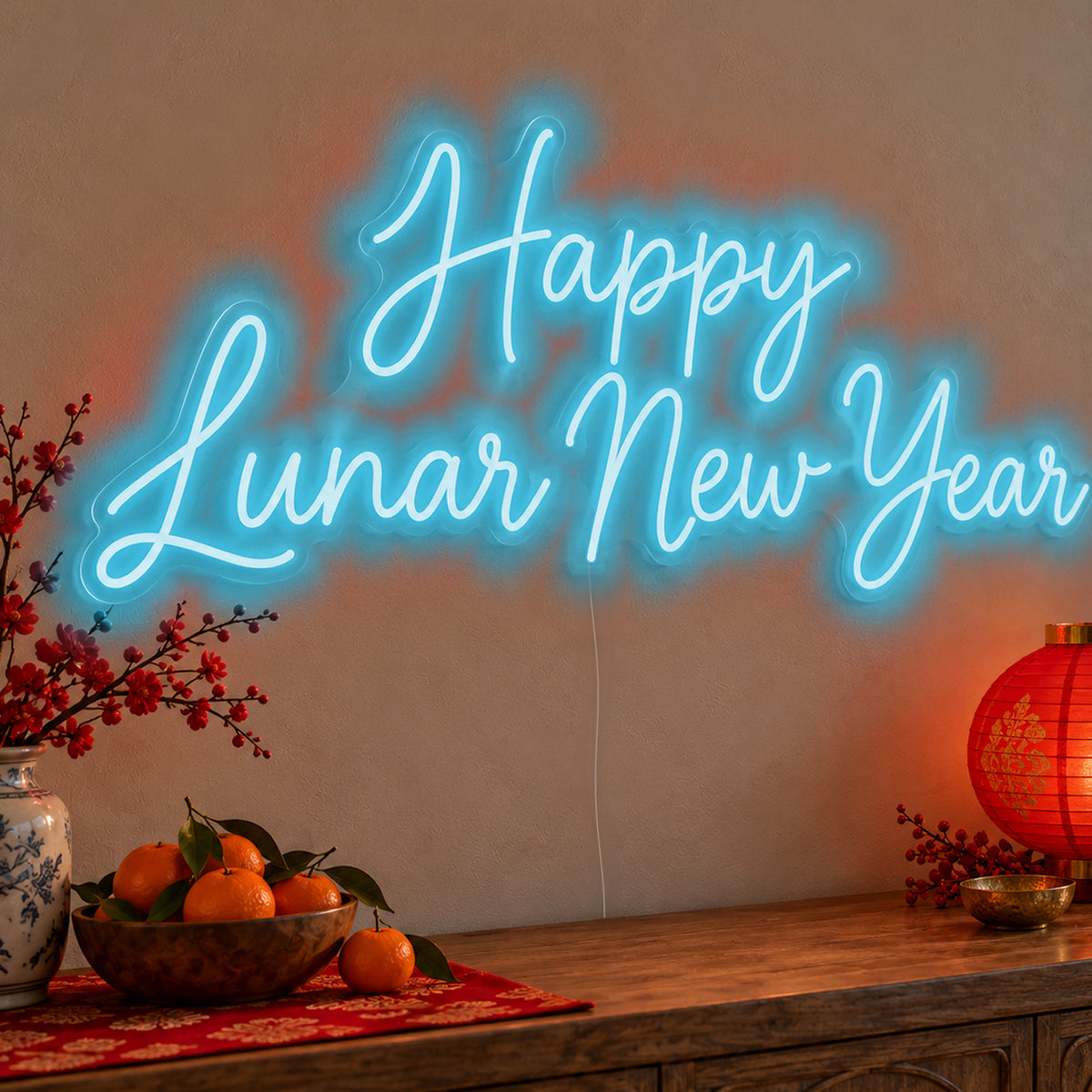 Happy Lunar New Year Neon Sign in ice blue LED neon on clear acrylic, angled view