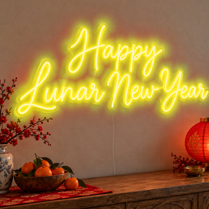 Happy Lunar New Year Neon Sign in yellow LED neon on clear acrylic, angled view
