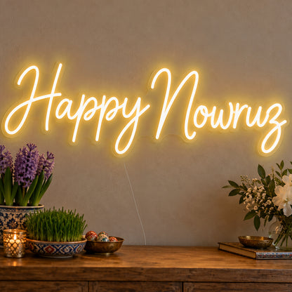 Happy Nowruz Neon Sign in gold LED neon on clear acrylic, angled view