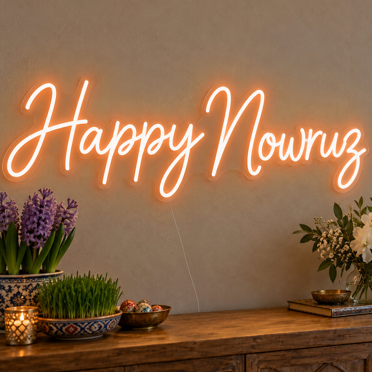 Happy Nowruz Neon Sign in orange LED neon on clear acrylic, angled view