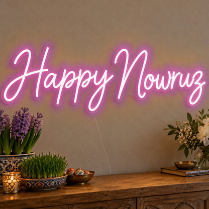 Happy Nowruz Neon Sign in pink LED neon on clear acrylic, angled view