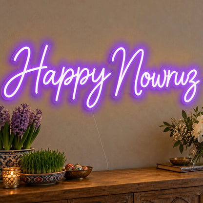 Happy Nowruz Neon Sign in purple LED neon on clear acrylic, angled view