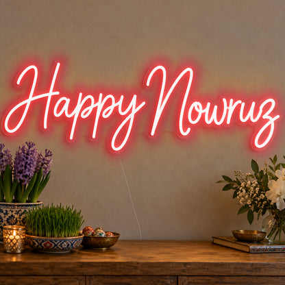 Happy Nowruz Neon Sign in red LED neon on clear acrylic, angled view