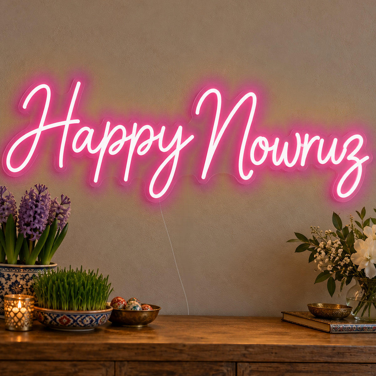 Happy Nowruz Neon Sign in rose red LED neon on clear acrylic, angled view
