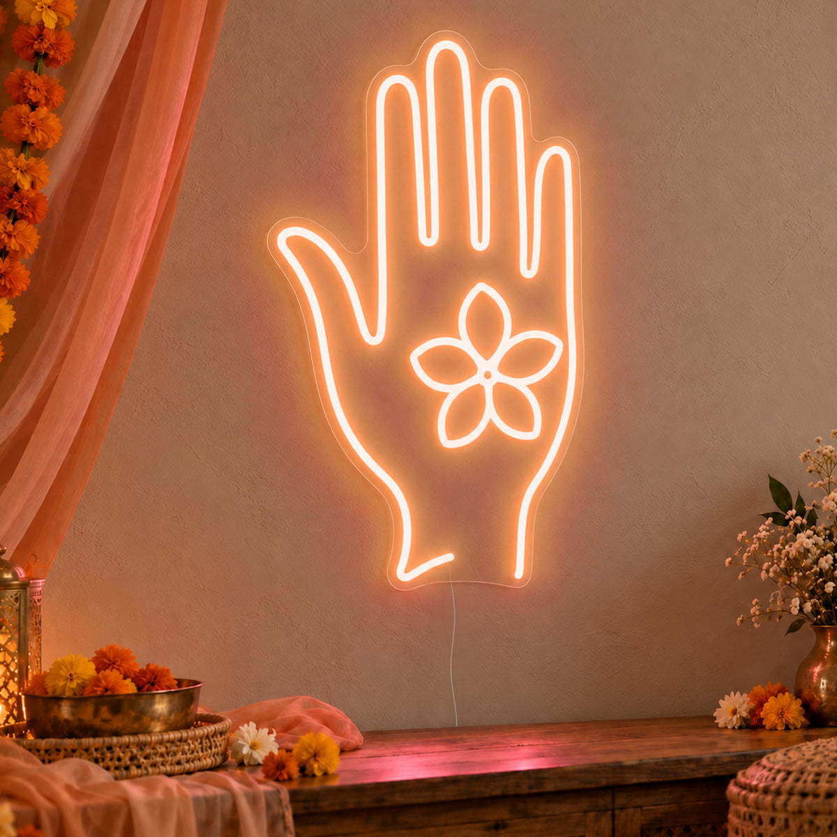 Henna Hand Neon Sign in orange LED neon on clear acrylic, angled view