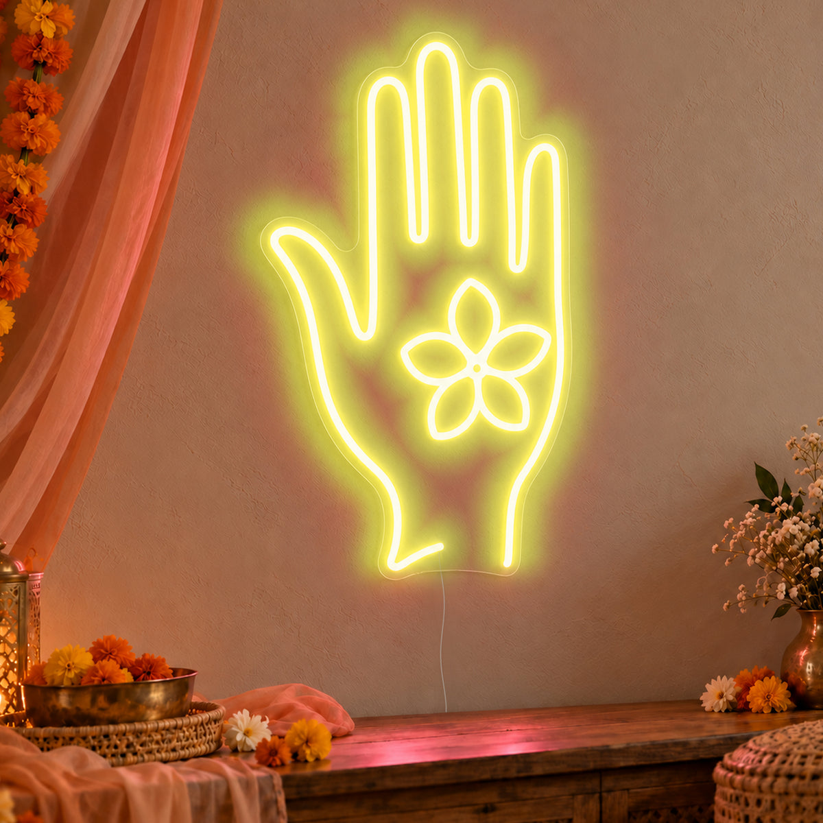 Henna Hand Neon Sign in yellow LED neon on clear acrylic, angled view