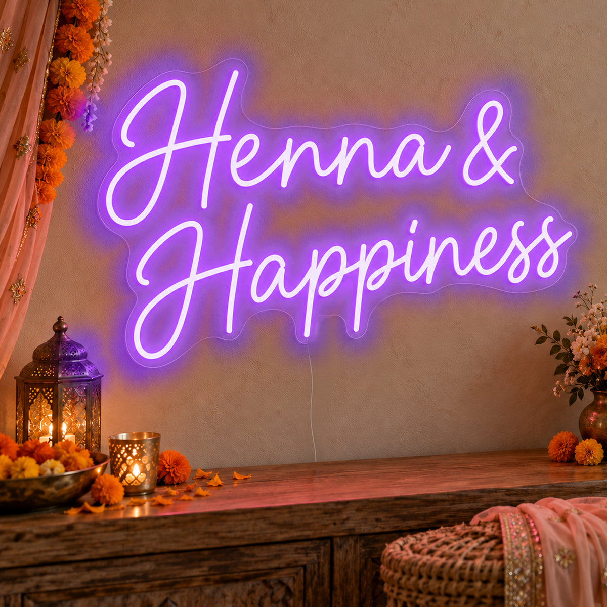 Henna Happiness Neon Sign in purple LED neon on clear acrylic, angled view