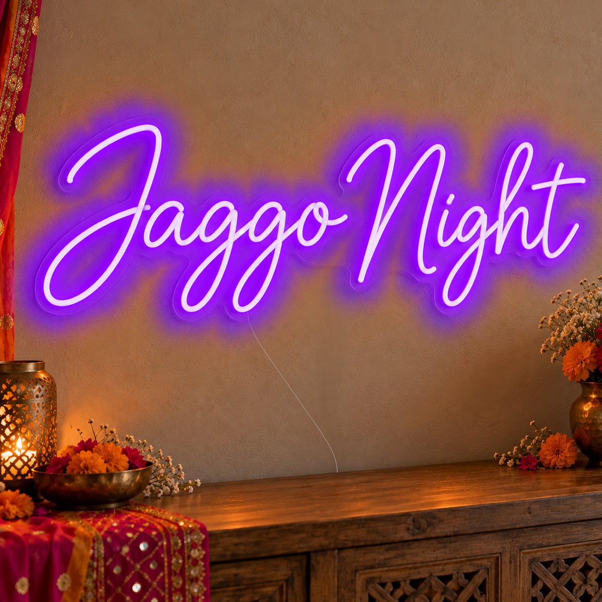 Jaggo Night Neon Sign in purple LED neon on clear acrylic, angled view