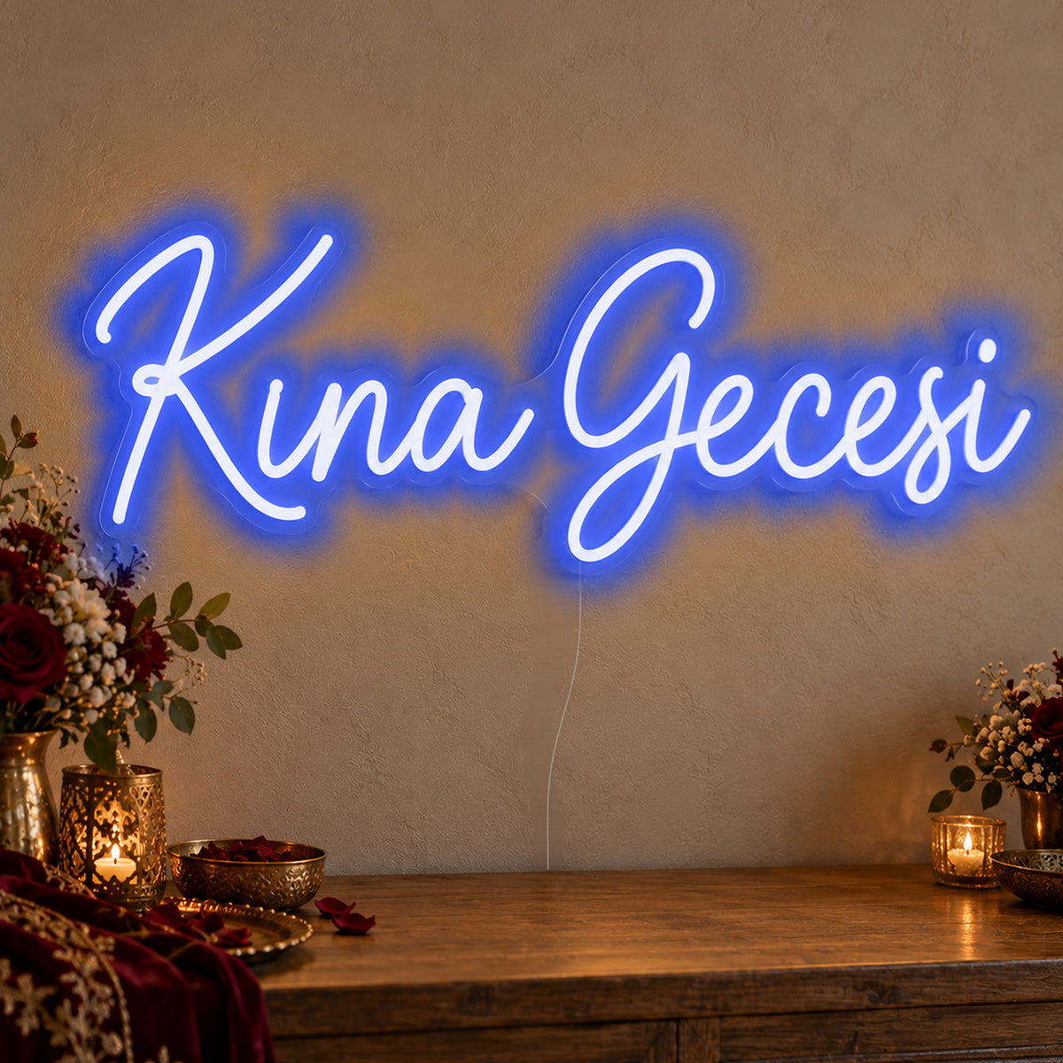 Kına Gecesi Neon Sign in blue LED neon on clear acrylic, angled view
