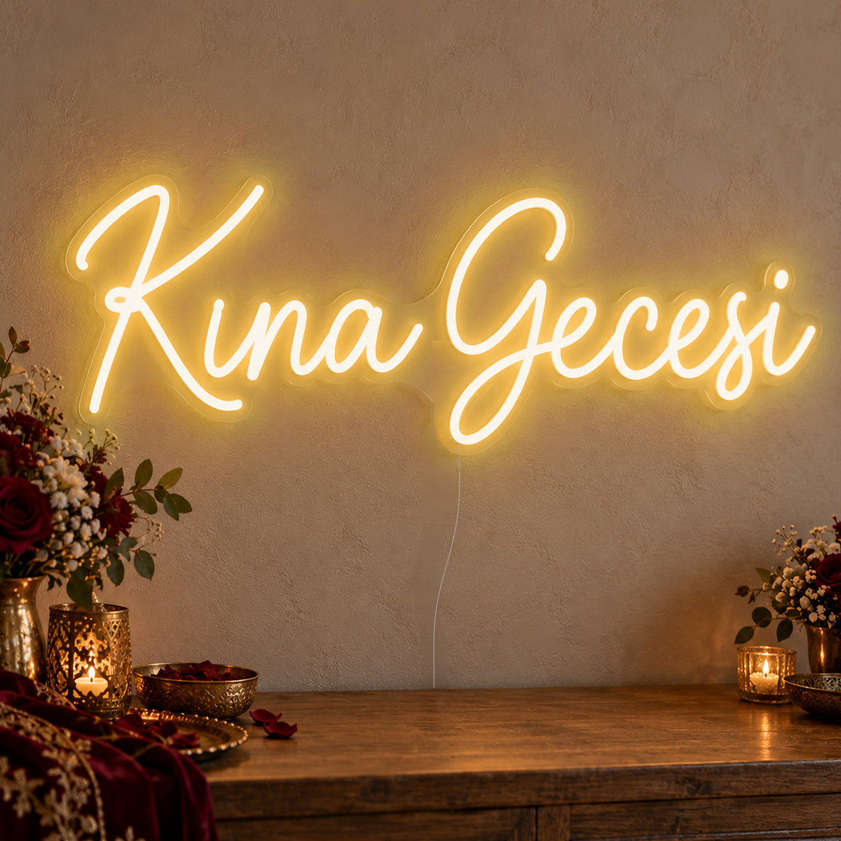 Kına Gecesi Neon Sign in gold LED neon on clear acrylic, angled view
